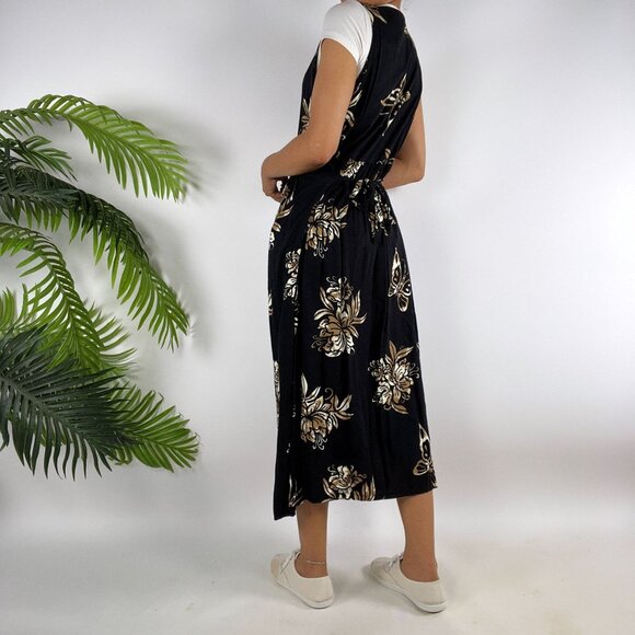 Vintage 90s Black Floral Boho Cottagecore Sleeveless Button Maxi Dress / Small - Picture 2 of 7
